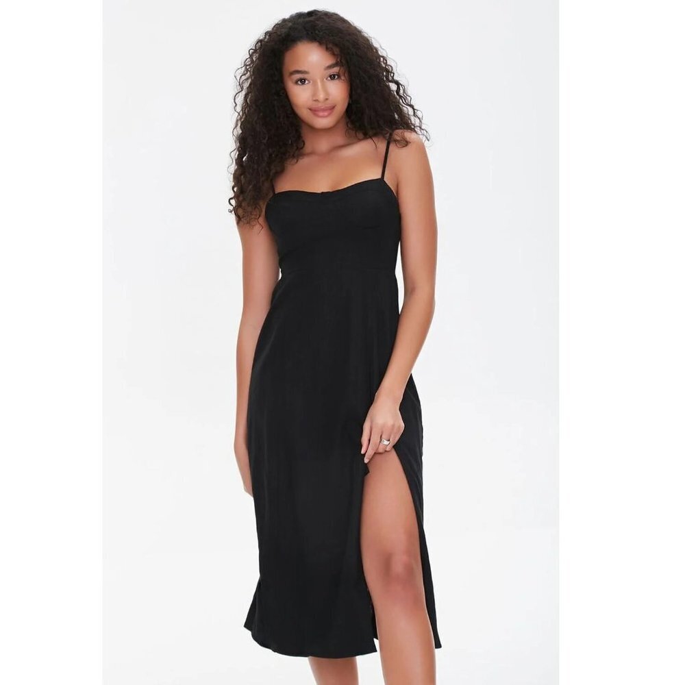 New Forever 21 Bustier Cami Black Side Slit Midi Dress P1667